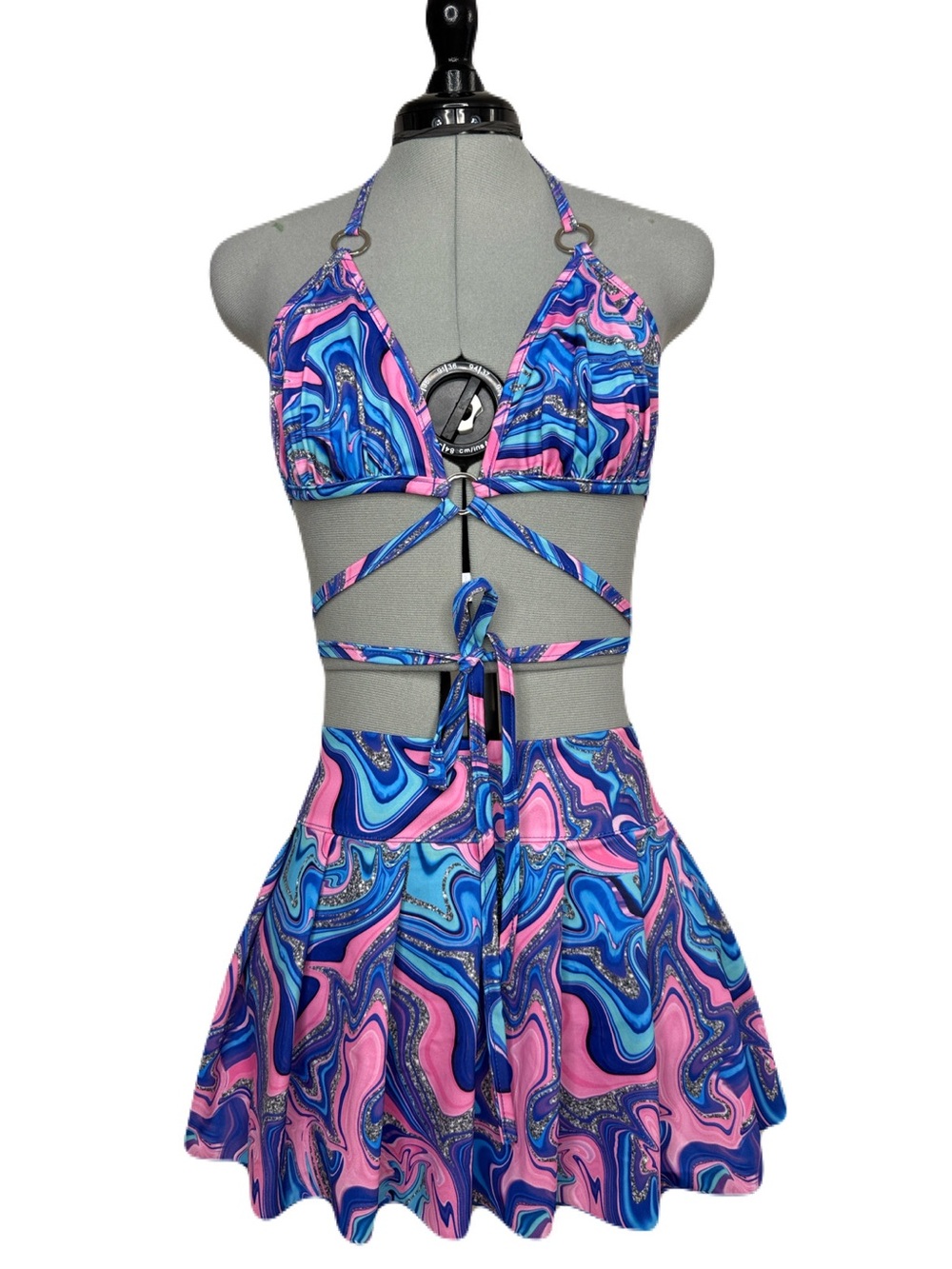 Body Language Pink Blue Swirl Halter Skirt Rave Set L